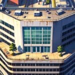 Edificio moderno de eventos tecnológicos visto desde una perspectiva aérea durante el día.