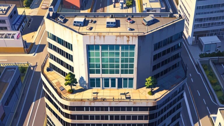 Edificio moderno de eventos tecnológicos visto desde una perspectiva aérea durante el día.