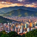 Vista panorámica de Medellín con edificios modernos y espacios verdes al amanecer