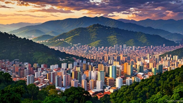 Vista panorámica de Medellín con edificios modernos y espacios verdes al amanecer