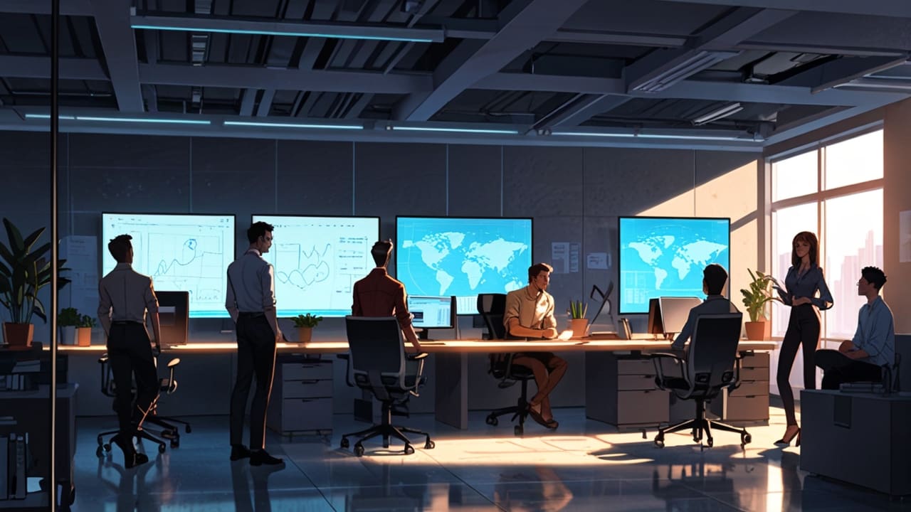 Reunión de líderes de startups tecnológicas en un moderno espacio de oficina con pantallas digitales.
