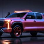 Pickup eléctrica futurista en un evento de lanzamiento con luces brillantes