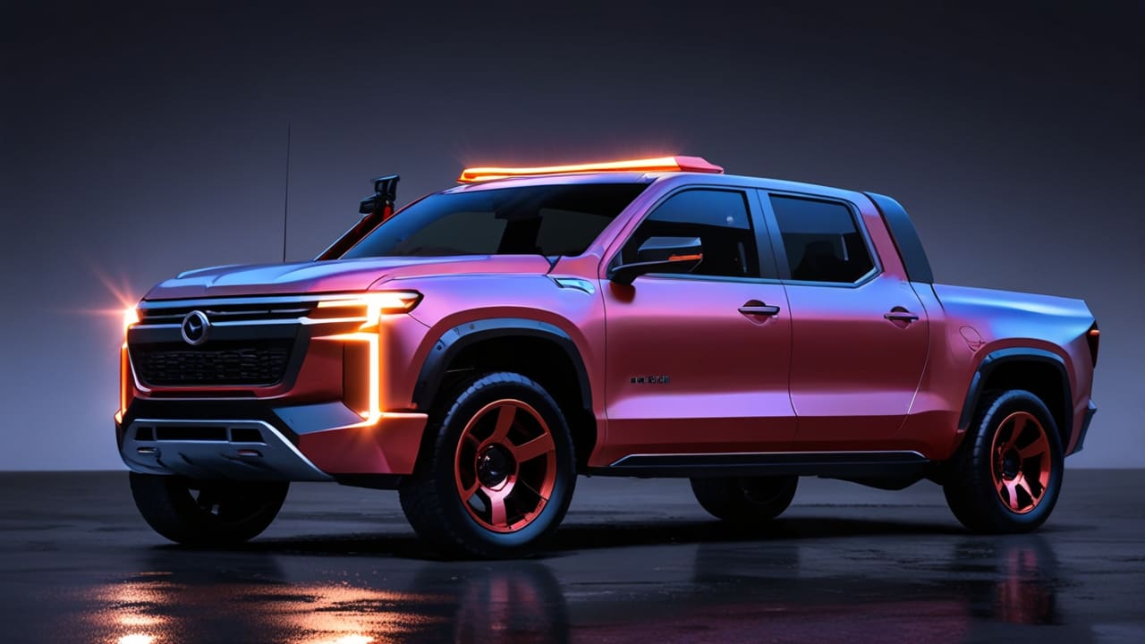 Pickup eléctrica futurista en un evento de lanzamiento con luces brillantes