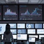 Oficinas modernas con computadoras y pantallas digitales mostrando gráficos de datos.