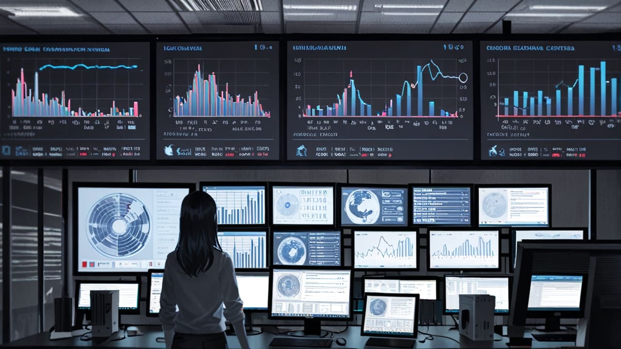 Oficinas modernas con computadoras y pantallas digitales mostrando gráficos de datos.