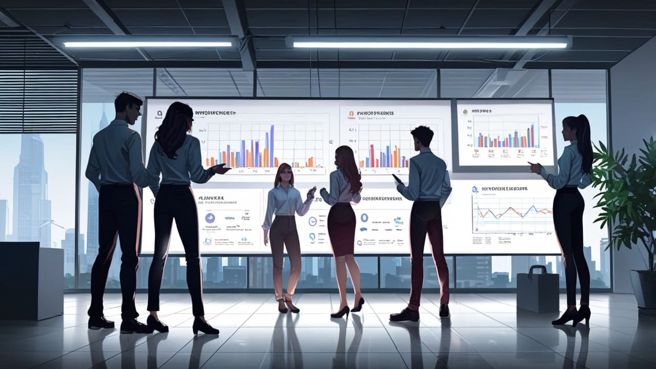 Oficina moderna con pantallas mostrando gráficos de startups tecnológicas