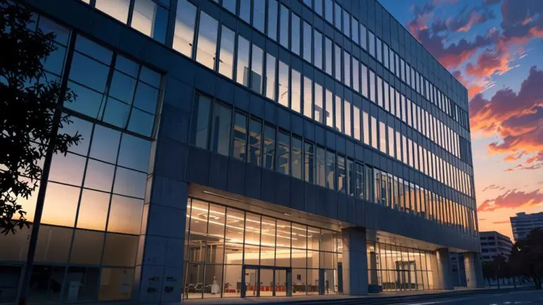 Edificios modernos de oficinas tecnológicas en Santiago de Chile, al atardecer, reflejando innovación y desarrollo.