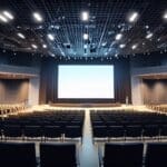Panorámica de un moderno centro de conferencias rodeado de tecnología avanzada.