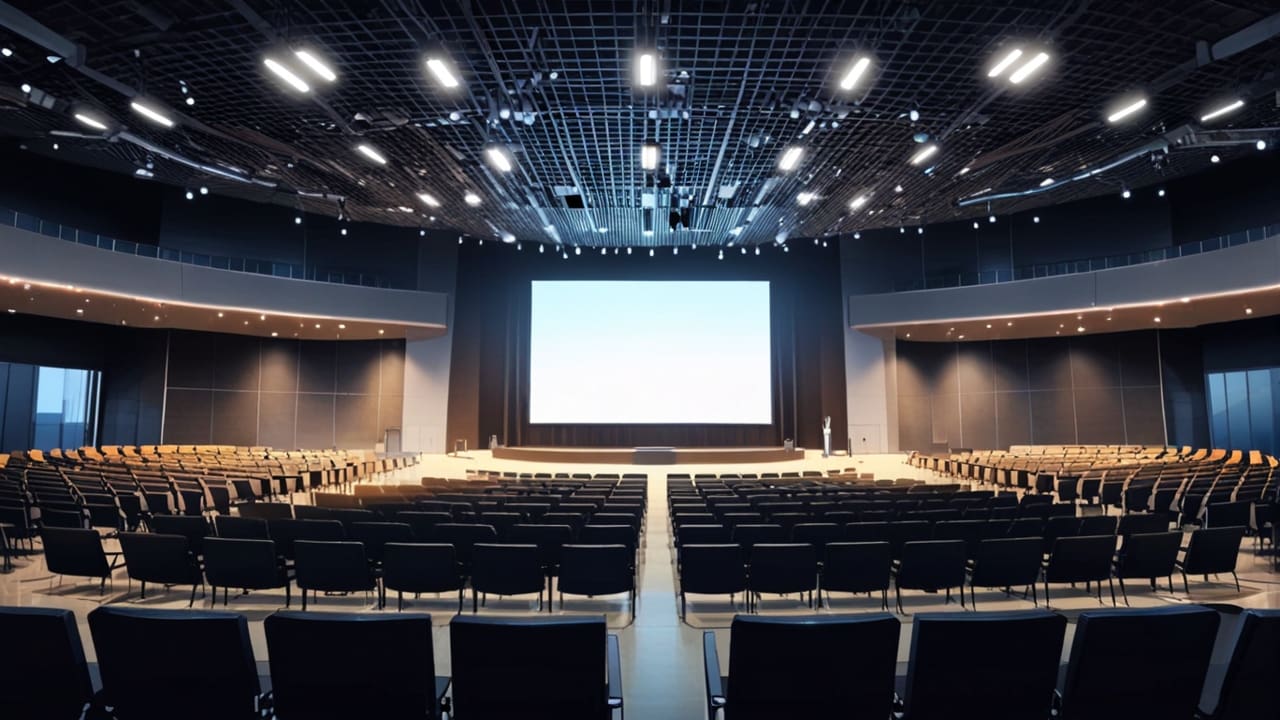 Panorámica de un moderno centro de conferencias rodeado de tecnología avanzada.