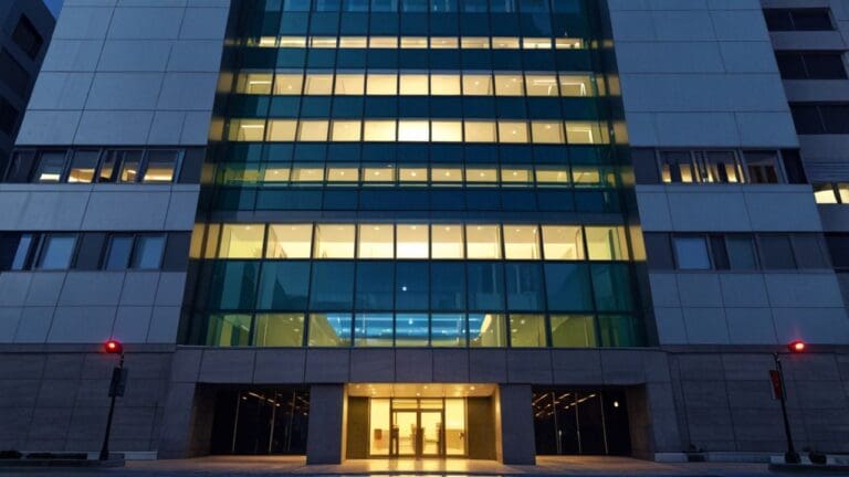 Fachada de un edificio financiero moderno al anochecer con luces encendidas