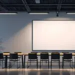 Moderno centro de reuniones empresariales con pantallas de presentación y ambiente tecnológico.