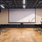 Escenario principal de una conferencia tecnológica moderna con asistentes escuchando atentamente