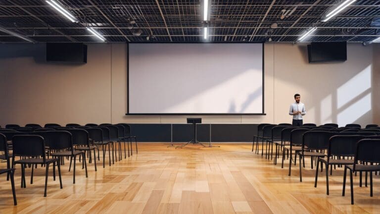 Escenario principal de una conferencia tecnológica moderna con asistentes escuchando atentamente