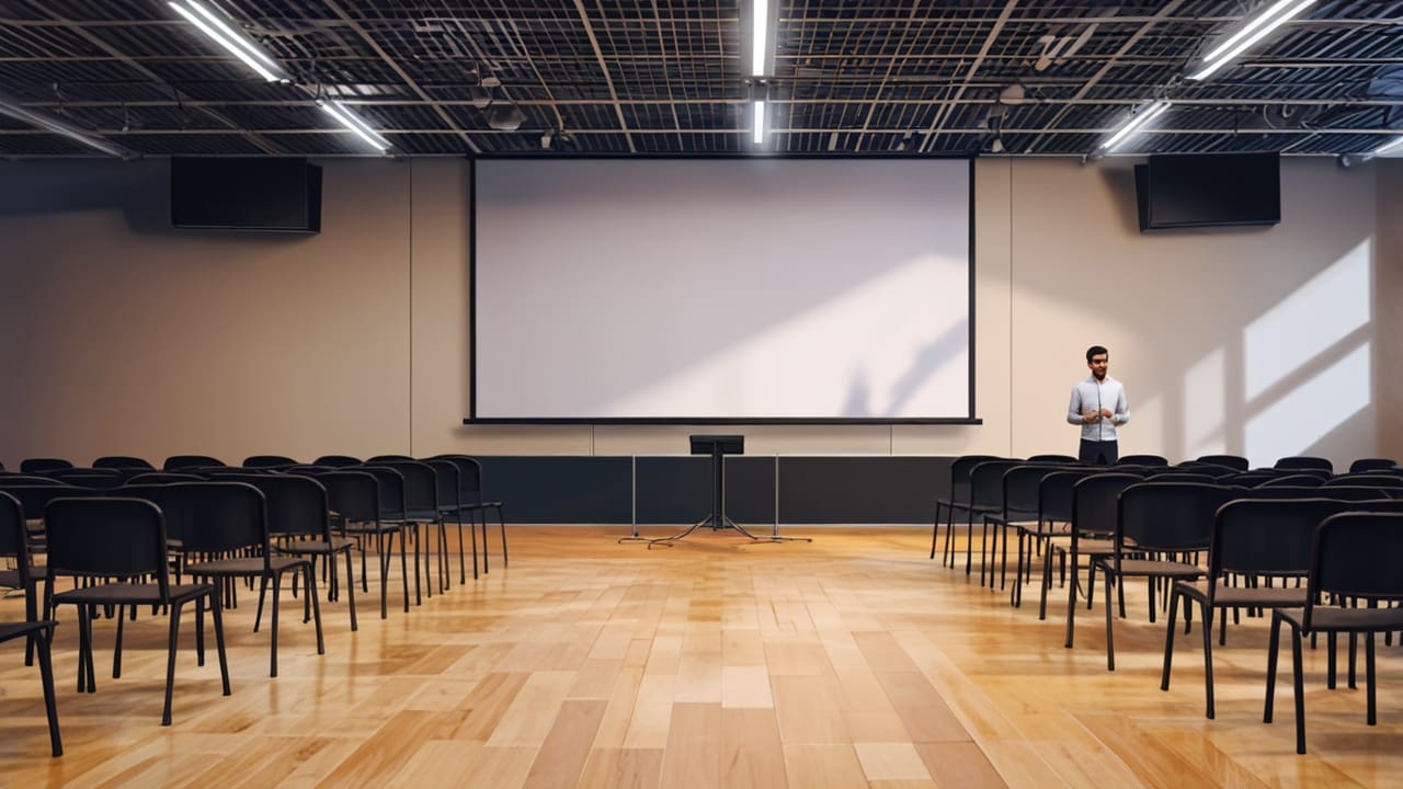 Escenario principal de una conferencia tecnológica moderna con asistentes escuchando atentamente
