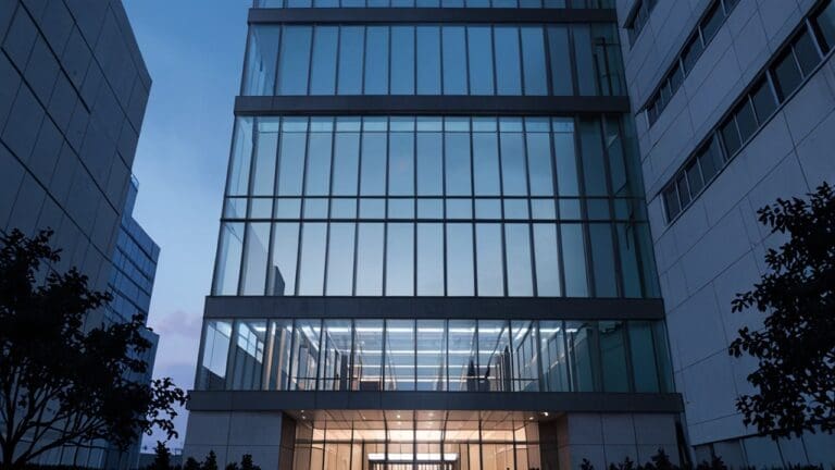 Vista de un moderno edificio de oficinas tecnológicas al anochecer.