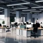Oficinas modernas de una startup tecnológica con ordenadores y equipo trabajando en innovación.
