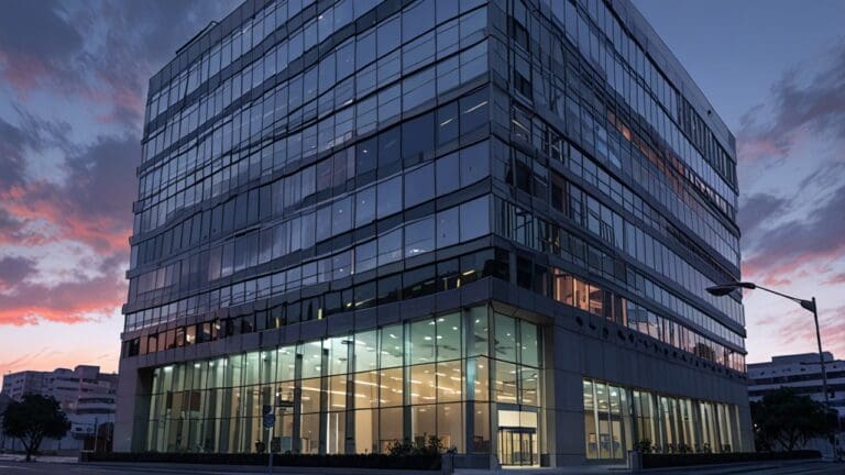 Edificio moderno de oficinas tecnológicas en Santiago de Chile al amanecer