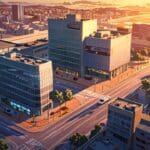 Vista aérea de un moderno centro de emprendimiento tecnológico en una ciudad vibrante al atardecer