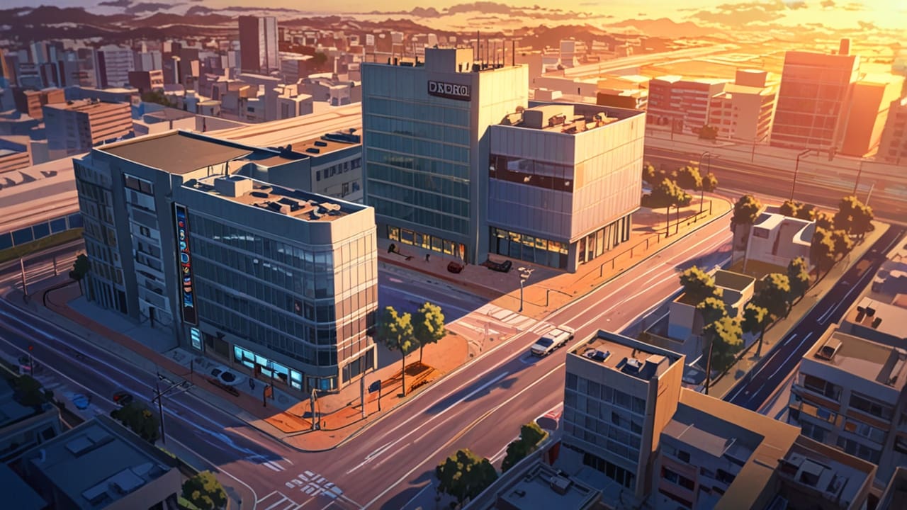 Vista aérea de un moderno centro de emprendimiento tecnológico en una ciudad vibrante al atardecer