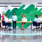 Oficina moderna de una startup fintech con equipos tecnológicos avanzados.