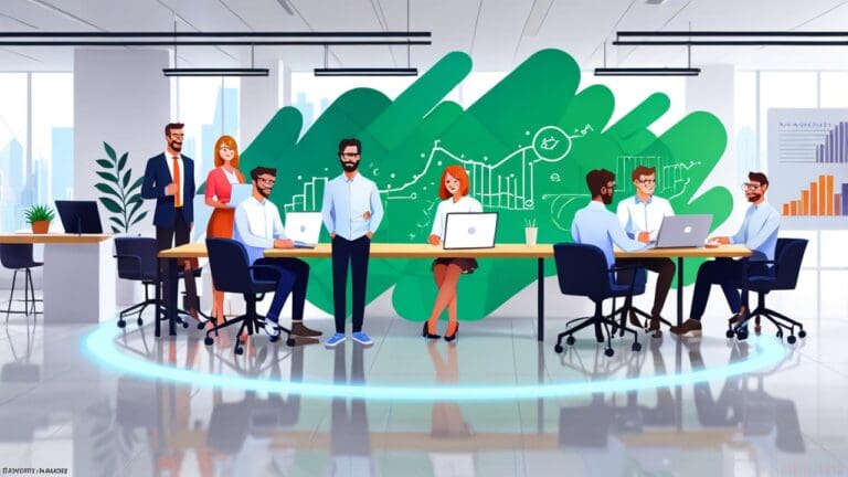 Oficina moderna de una startup fintech con equipos tecnológicos avanzados.