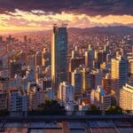 Vista panorámica de edificios modernos tecnológicos en una ciudad de Colombia al amanecer