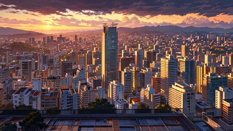 Vista panorámica de edificios modernos tecnológicos en una ciudad de Colombia al amanecer