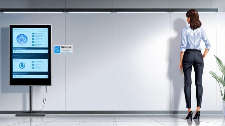 Oficina moderna con pantallas mostrando interfaces digitales avanzadas.