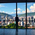 Vista panorámica de un centro tecnológico moderno en Medellín con rascacielos al fondo