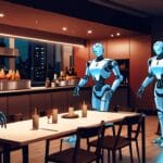 Restaurante moderno con robots de servicio usando inteligencia artificial