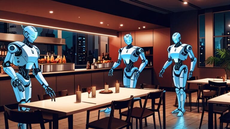 Restaurante moderno con robots de servicio usando inteligencia artificial