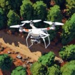 Drones volando sobre un denso bosque monitoreando ecosistemas naturales