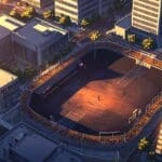 Vista aérea de un centro de conferencias en una ciudad minera al amanecer.