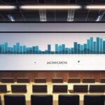 Moderna sala de conferencias con pantallas digitales mostrando gráficos de crecimiento.