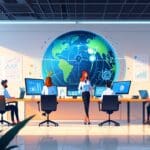 Oficina moderna con elementos tecnológicos representando el ecosistema startup