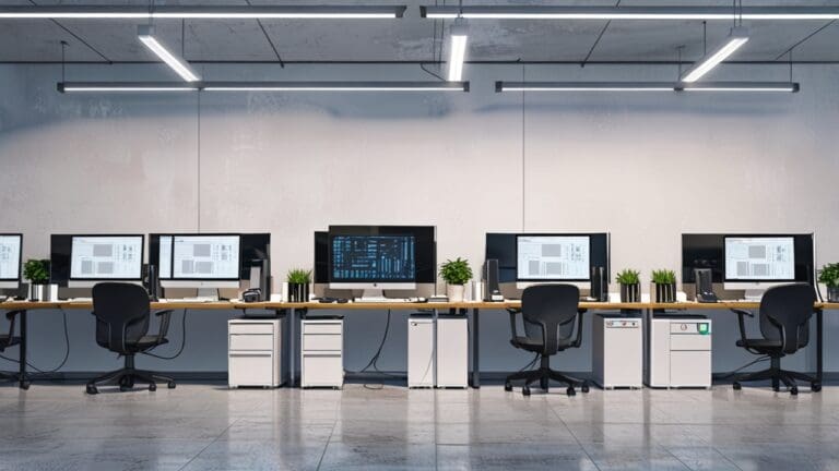 Oficina moderna con computadoras portátiles y pizarras electrónicas.