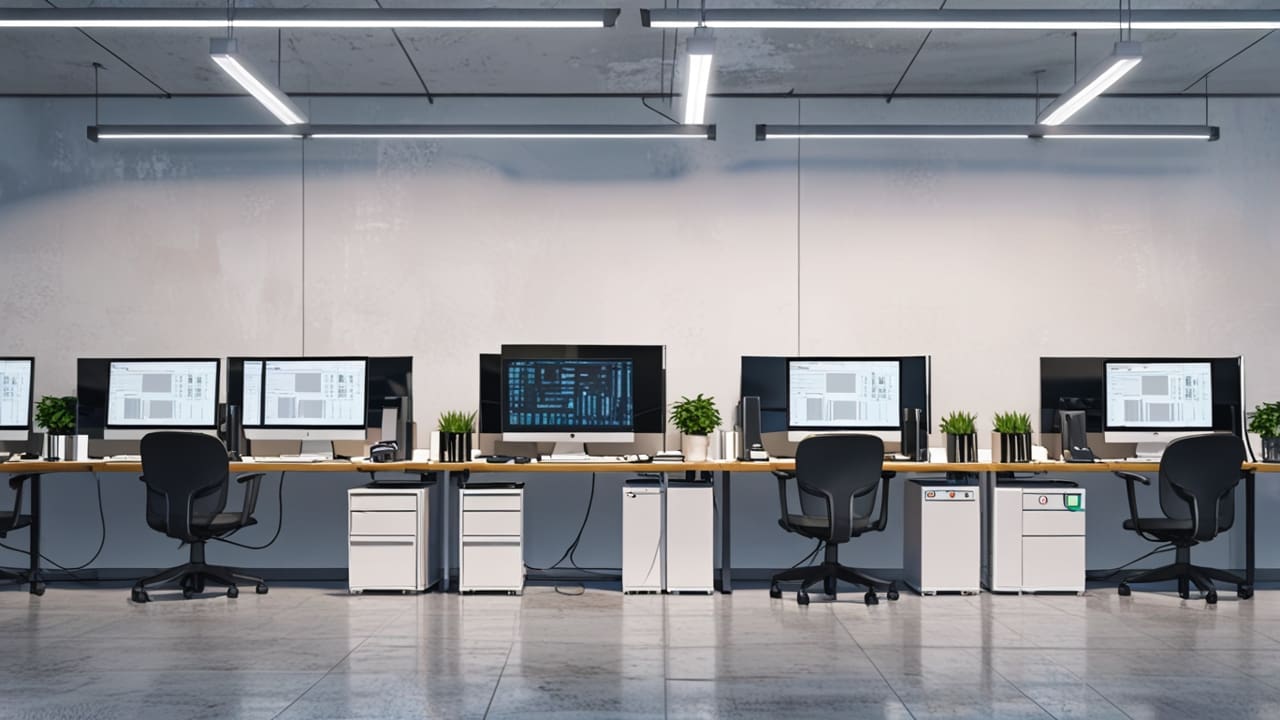 Oficina moderna con computadoras portátiles y pizarras electrónicas.