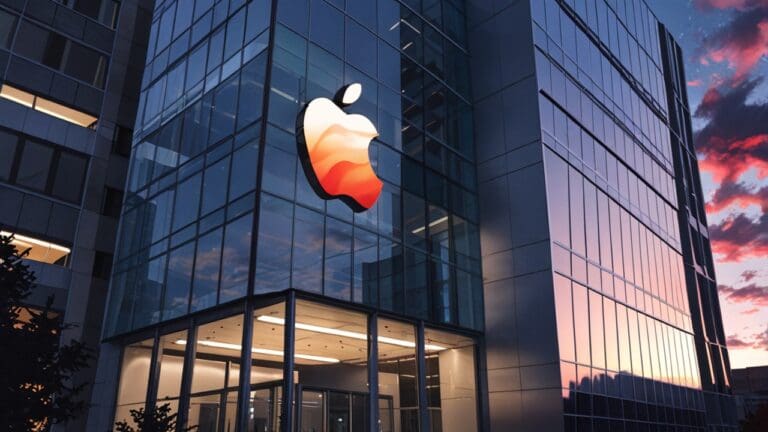 Edificio moderno de oficinas en Canadá con logotipo de Apple al atardecer