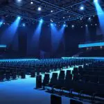 Moderno centro de convenciones iluminado con luces azules, representativo de un evento tecnológico innovador
