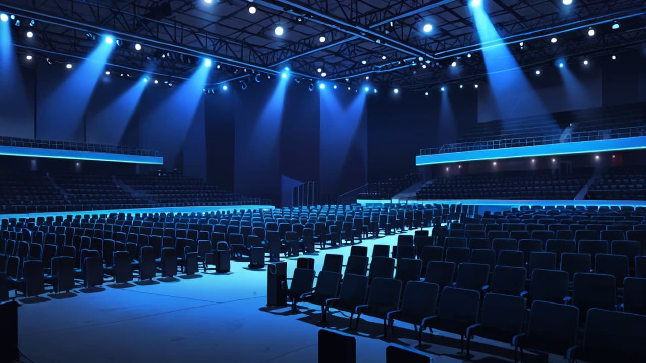 Moderno centro de convenciones iluminado con luces azules, representativo de un evento tecnológico innovador