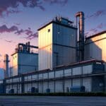 Edificios de alta tecnología en un parque industrial moderno al amanecer