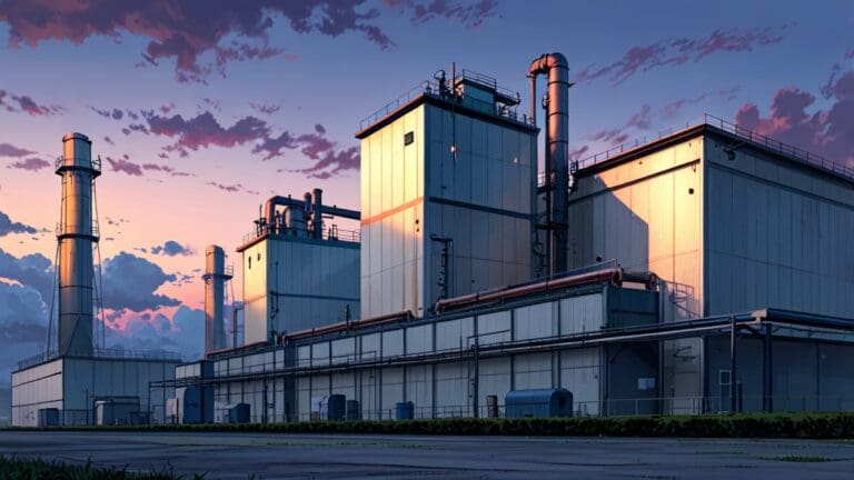 Edificios de alta tecnología en un parque industrial moderno al amanecer