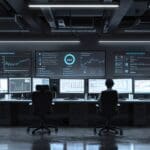 Oficina moderna con equipos tecnológicos y gráficos de crecimiento en monitores