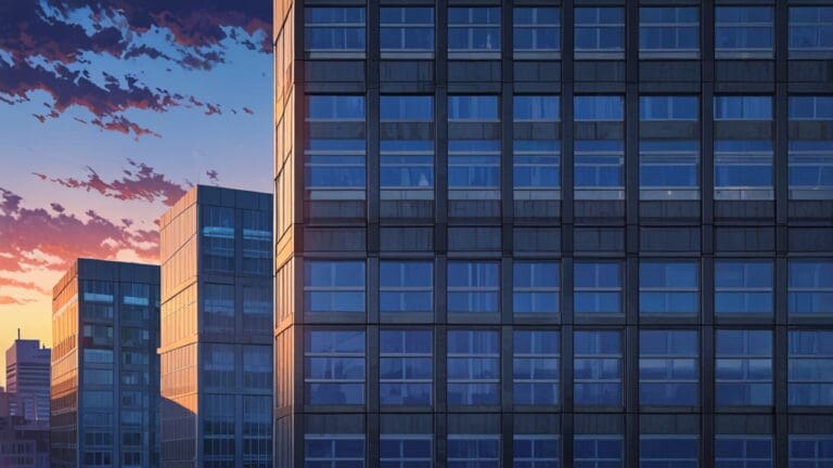 Edificios modernos con diseño tecnológico rodeados por naturaleza al amanecer