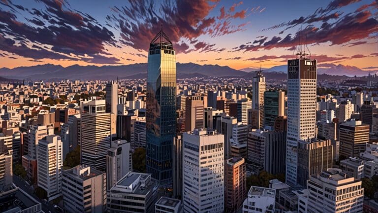 Vista panorámica de edificios modernos en una ciudad de Chile al atardecer.