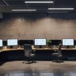 Interior moderno de una oficina tecnológica con computadoras y pizarras digitales