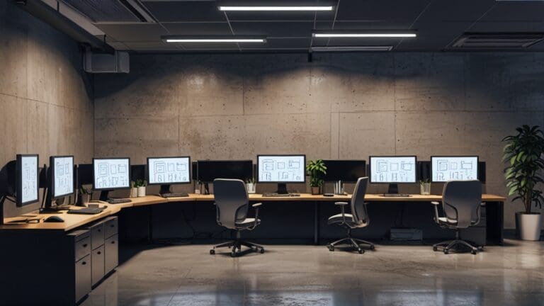 Interior moderno de una oficina tecnológica con computadoras y pizarras digitales