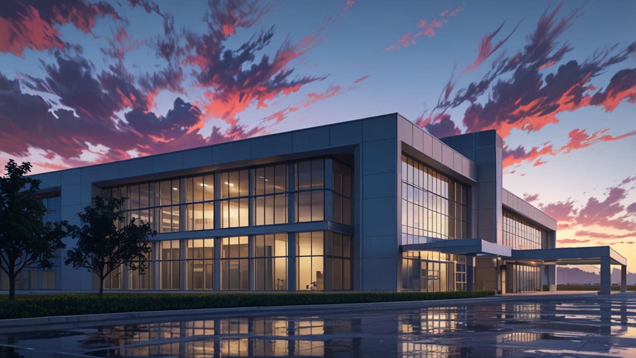 Exterior de una planta de fabricación de automóviles de estilo futurista y moderno al amanecer