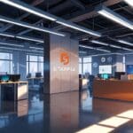 Vista de cerca de un moderno espacio de trabajo en una oficina de startup tecnológica con equipos y logos de empresas en pantallas