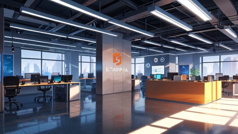 Vista de cerca de un moderno espacio de trabajo en una oficina de startup tecnológica con equipos y logos de empresas en pantallas